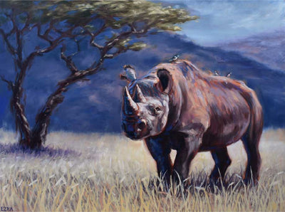 Endangered rhino. Rhino with birds on his back in African savanna. Art about rhino slaughter for aphrodisiac in horns. Impressionist painting of African rhinoceros. Ezra Larsen personal artwork