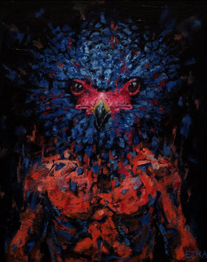 Impressionist painting of man with a bird head. Red and blue vibrant colors. Humanity finding its connection to nature. Intense eyes of an eagle looking at you. Ezra Larsen personal artwork. 