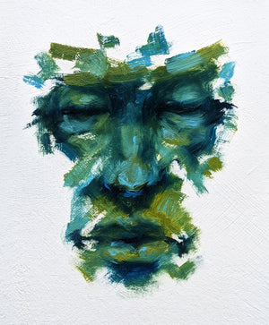 Impressionist artwork. A calm face in green and blue. Eyes closed and relaxed. Gives the viewer a sense of serenity. Large brushwork, markmaking, unique rendering of the human face.