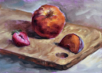 A small still life of a peach plum and strawberry. Loose brushwork with vibrant colors. Summertime fruit feeling the warmth. Ezra Larsen